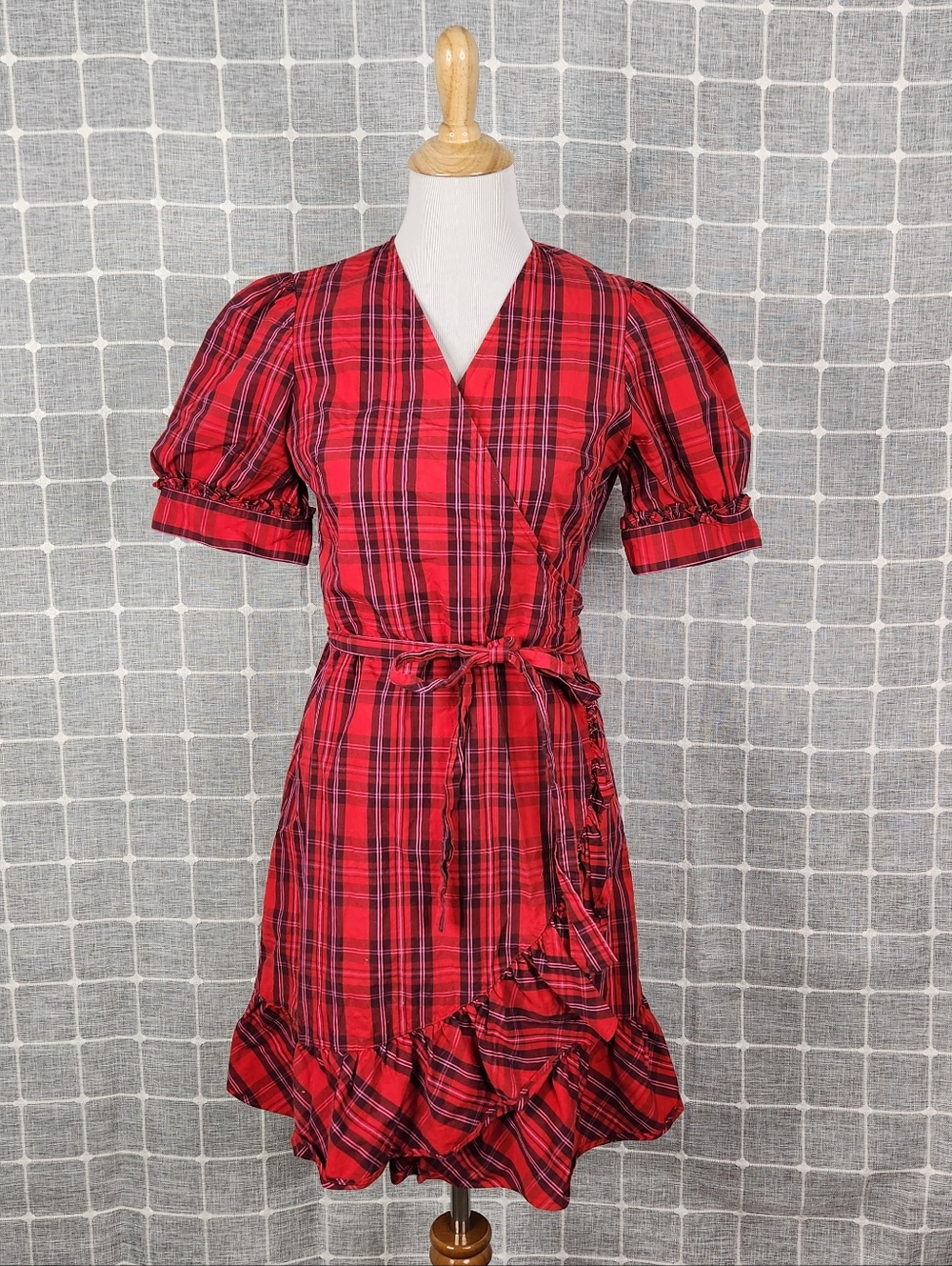 Draper James Red Plaid Wrap Dress with Ruffle Hem